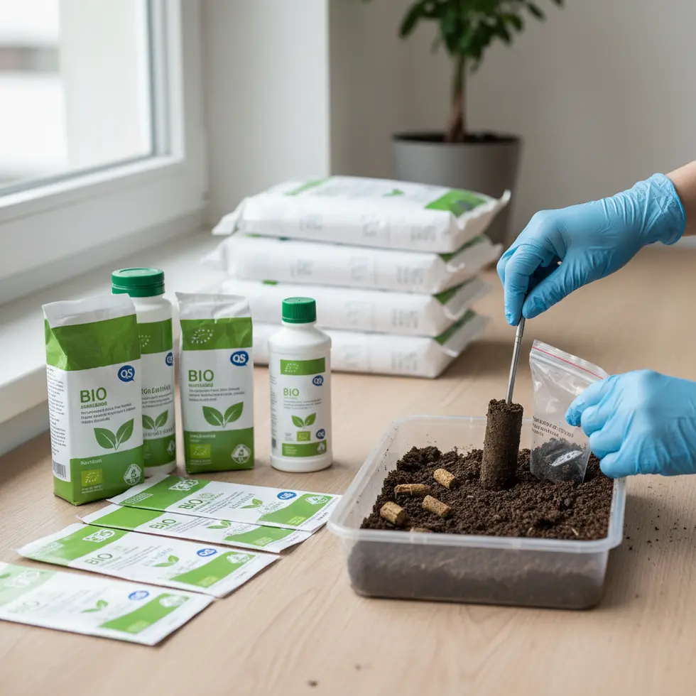 Düngeretiketten mit Bio- und QS-Siegel und Bodenproben Düngeretiketten mit Bio- und QS-Siegel, Hände bei Bodenprobenentnahme