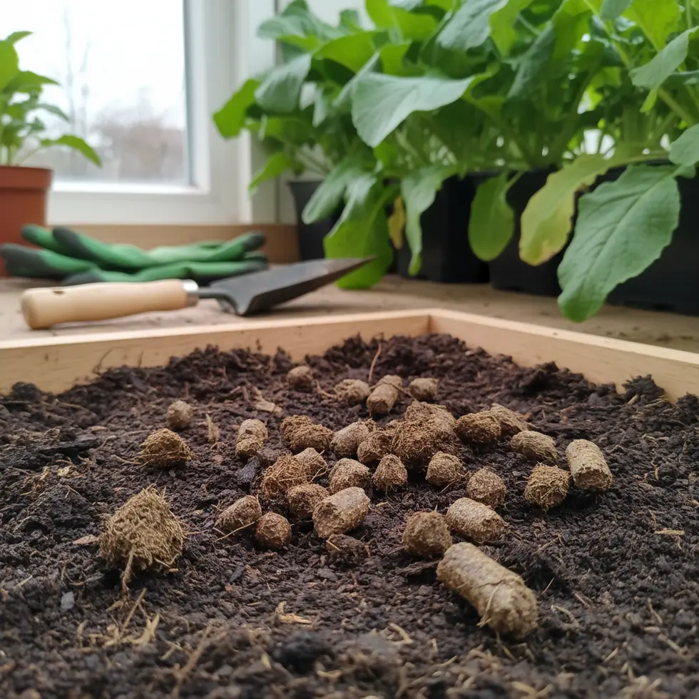 Grosse Rinderdung Pellets im Gartenboden Feuchte Gartenerde mit groben Rinderdung-Pellets und grünen Rübenblättern