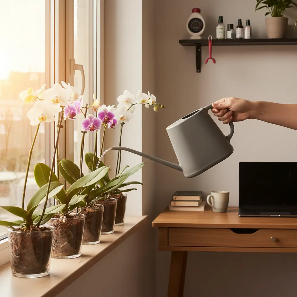 Hände die Orchideen im Wohnzimmer gießen Vorsichtige Hände gießen Wasser auf Orchideen im Wohnzimmer