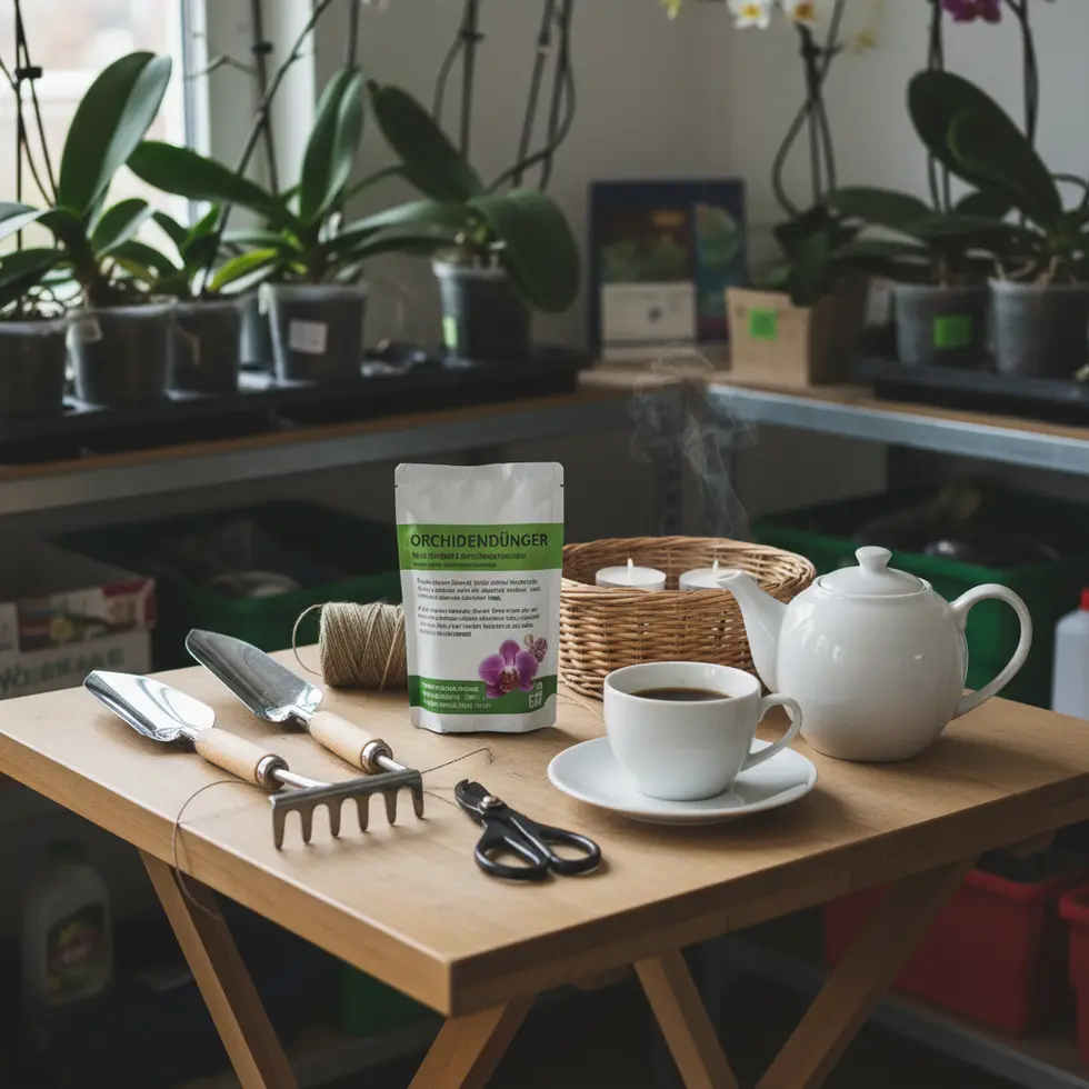 Kleiner Holztisch mit Gartenutensilien und Orchideendünger Kleiner Holztisch mit Gartenutensilien, Orchideendünger und Kaffee