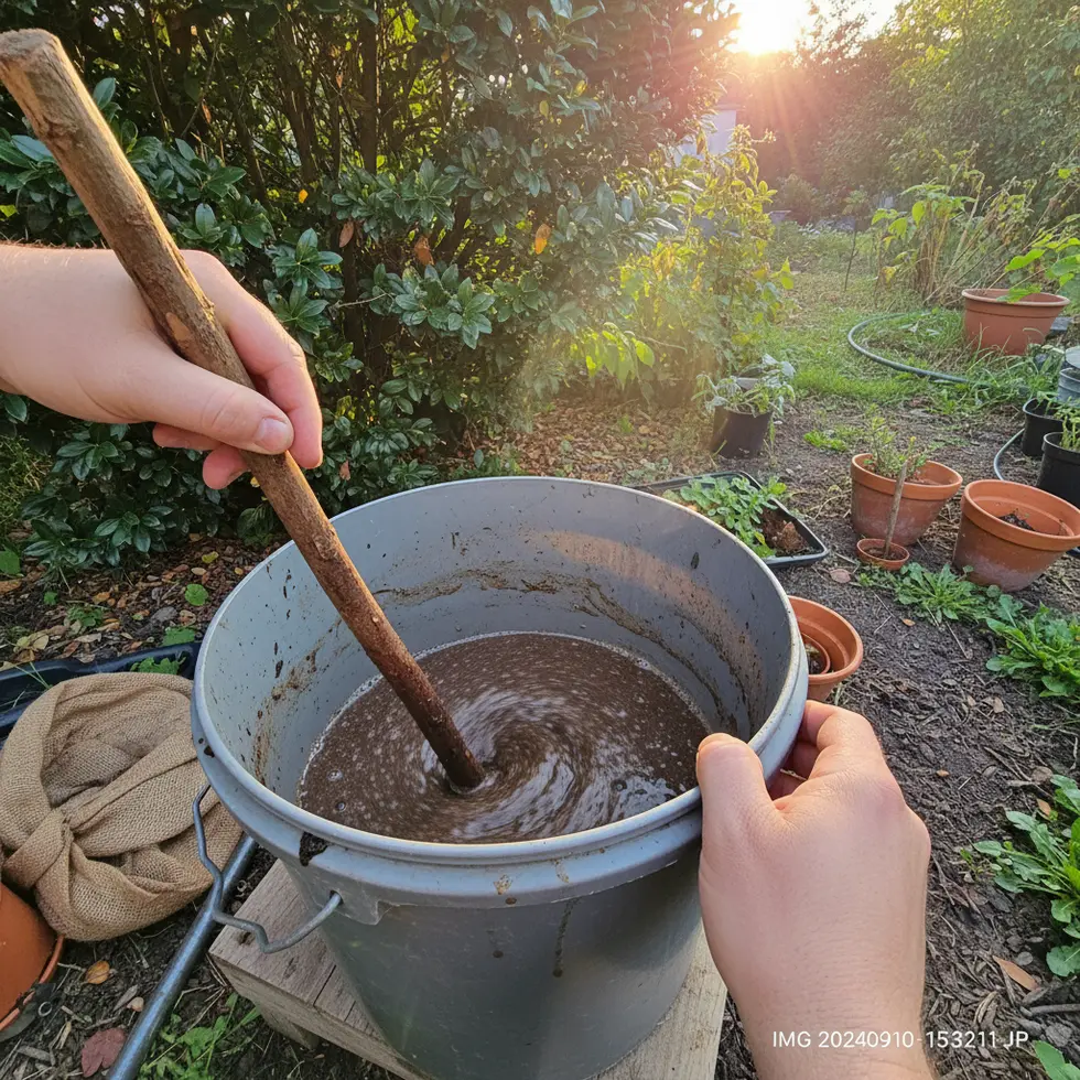 Komposttee Zubereitung im Eimer bei Sonnenlicht Hände rühren Komposttee in einem Eimer bei Sonnenlicht