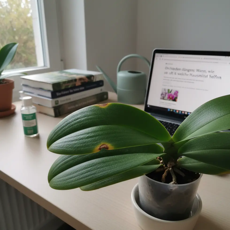 Nahaufnahme einer Orchidee mit braunen Blattspitzen Nahaufnahme einer Orchidee mit braunen Spitzen und Gelbverfärbungen