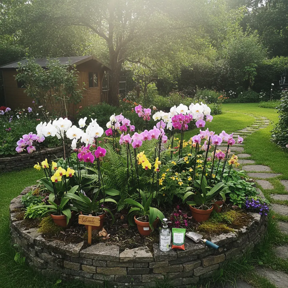 Orchideen im Garten: Pflege, Dünger & Hausmittel Blühende Orchideen in einem naturnahen Garten mit Sonnenlicht