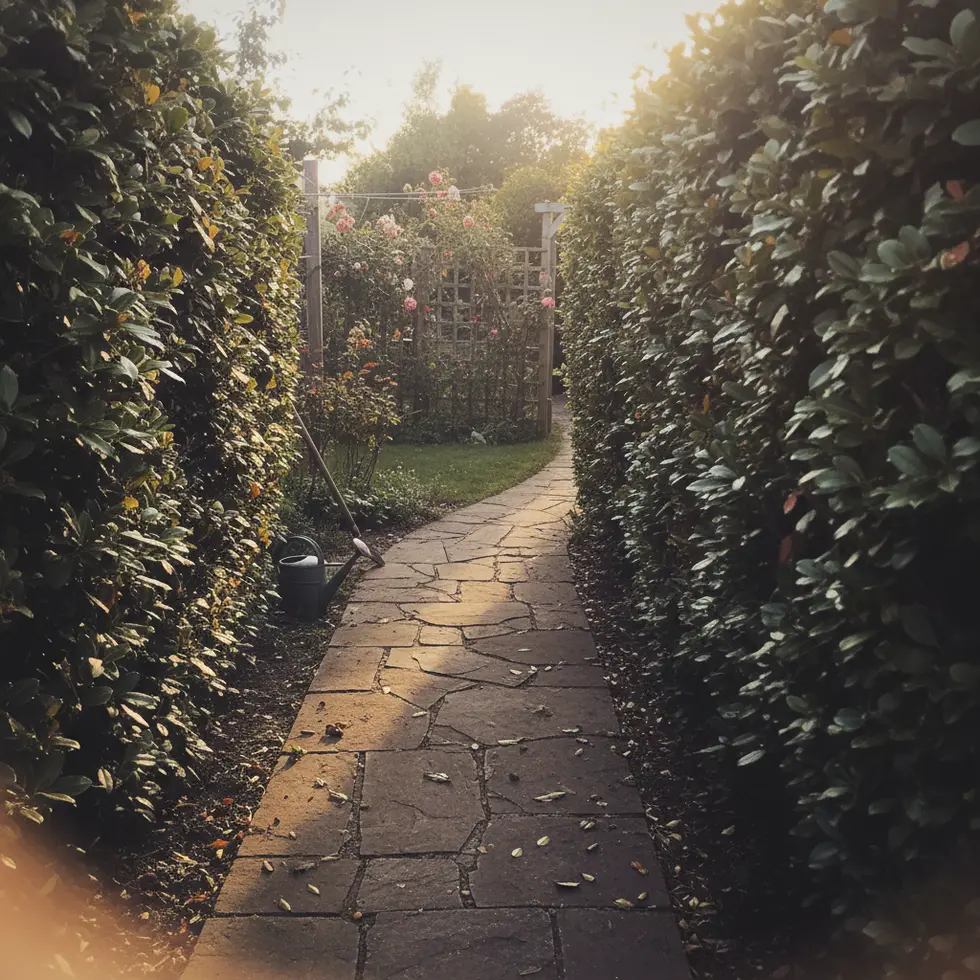 Ruhiger Gartenweg mit Kirschlorbeerhecken im Abendlicht Ruhiger Gartenweg mit Kirschlorbeerhecken im Abendlicht
