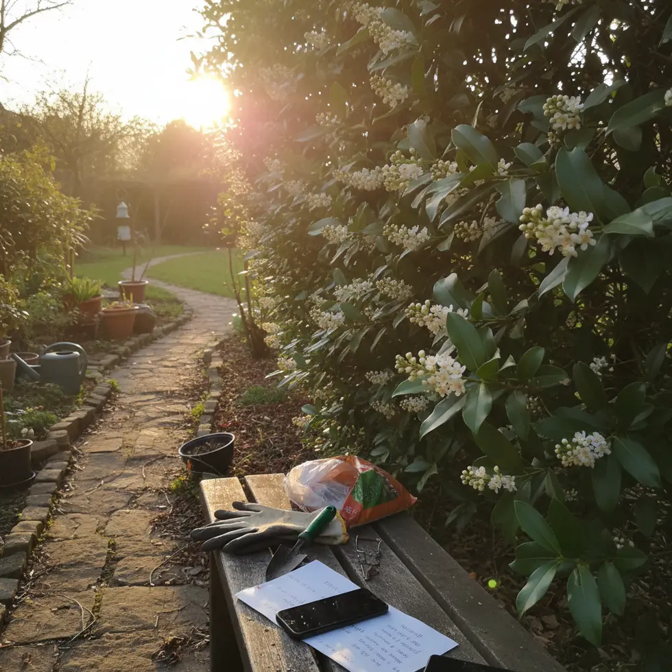 Sanfte Abendsonne über Kirschlorbeerhecke Sanfte Abendsonne über blühender Kirschlorbeerhecke im Wind