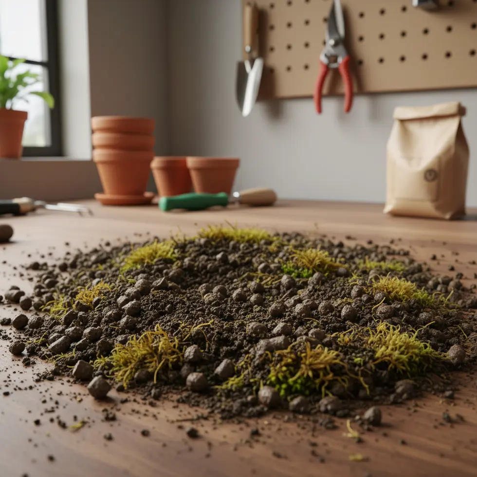 Saurer Boden mit Düngemitteln und Moosen Nahaufnahme eines sauren Bodens mit zerfallendem Düngemittel und Moosen