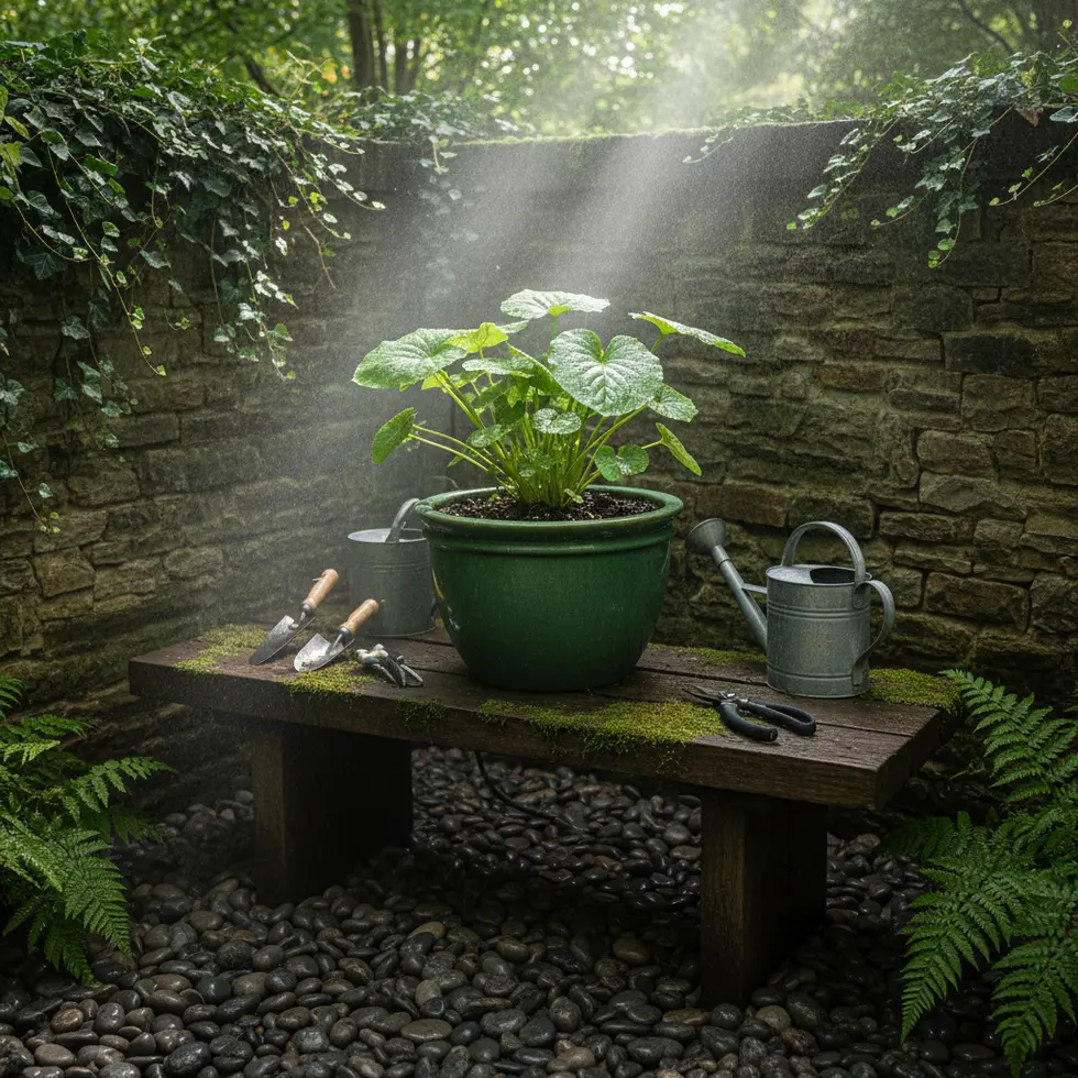 Schattiger feuchter Gartenplatz mit Wasabi-Topf Schattiger, feuchter Gartenplatz mit Wasabi-Topf und Sprühnebel