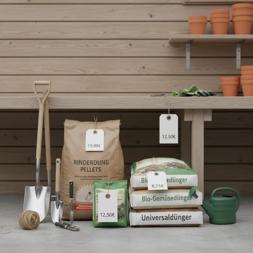 Verschiedene Düngersäcke und Gartenwerkzeuge bei bewölktem Himmel Verschiedene Düngersäcke mit Preisschildern und Gartengeräten