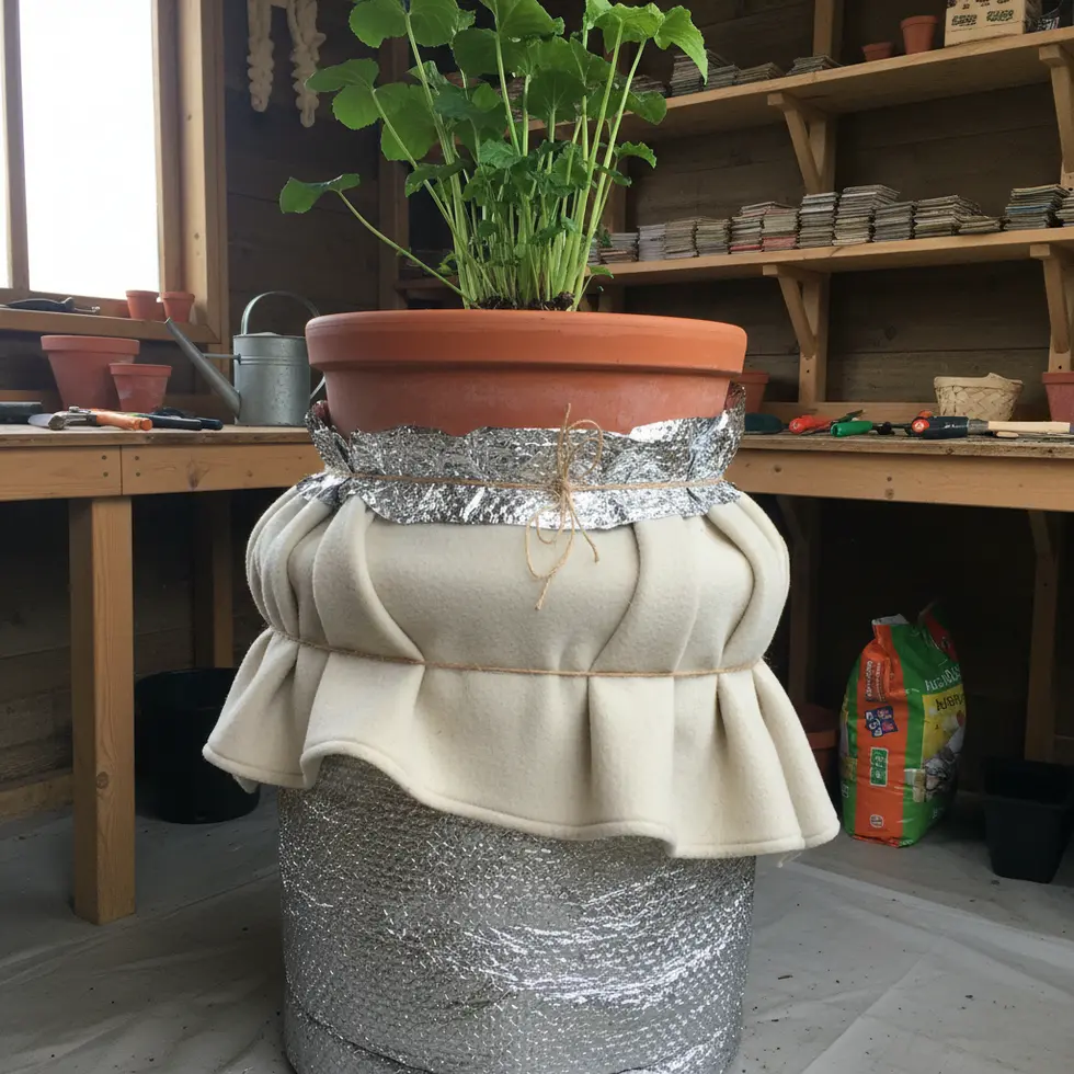 Wasabi Pflanze im Winter schützen Mit Vlies umhüllter Wasabitopf im frostgeschützten Gartenhaus