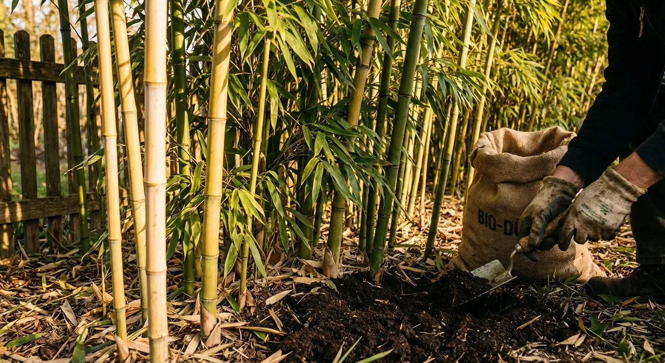 Bambus düngen: Wann, womit & wie oft? Der komplette Pflege-Guide - Illustration Warme Nachmittagssonne fällt sanft auf ein dichtes Bambusbeet, dessen Blätter in verschiedenen Grüntönen leise im Wind rauschen. Die leichte Erdentextur schmeichelt der Szenerie, ein Garten ganz im Fluss der Jahreszeit.