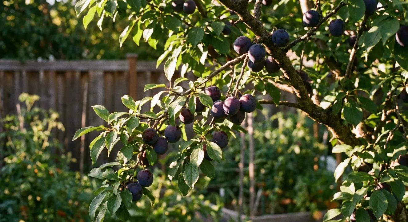 Sonnenbeschienener Garten mit reifen Blutpflaumen an einem Ast, umgeben von grünem Laub, warmes Licht und sanfte Schatten