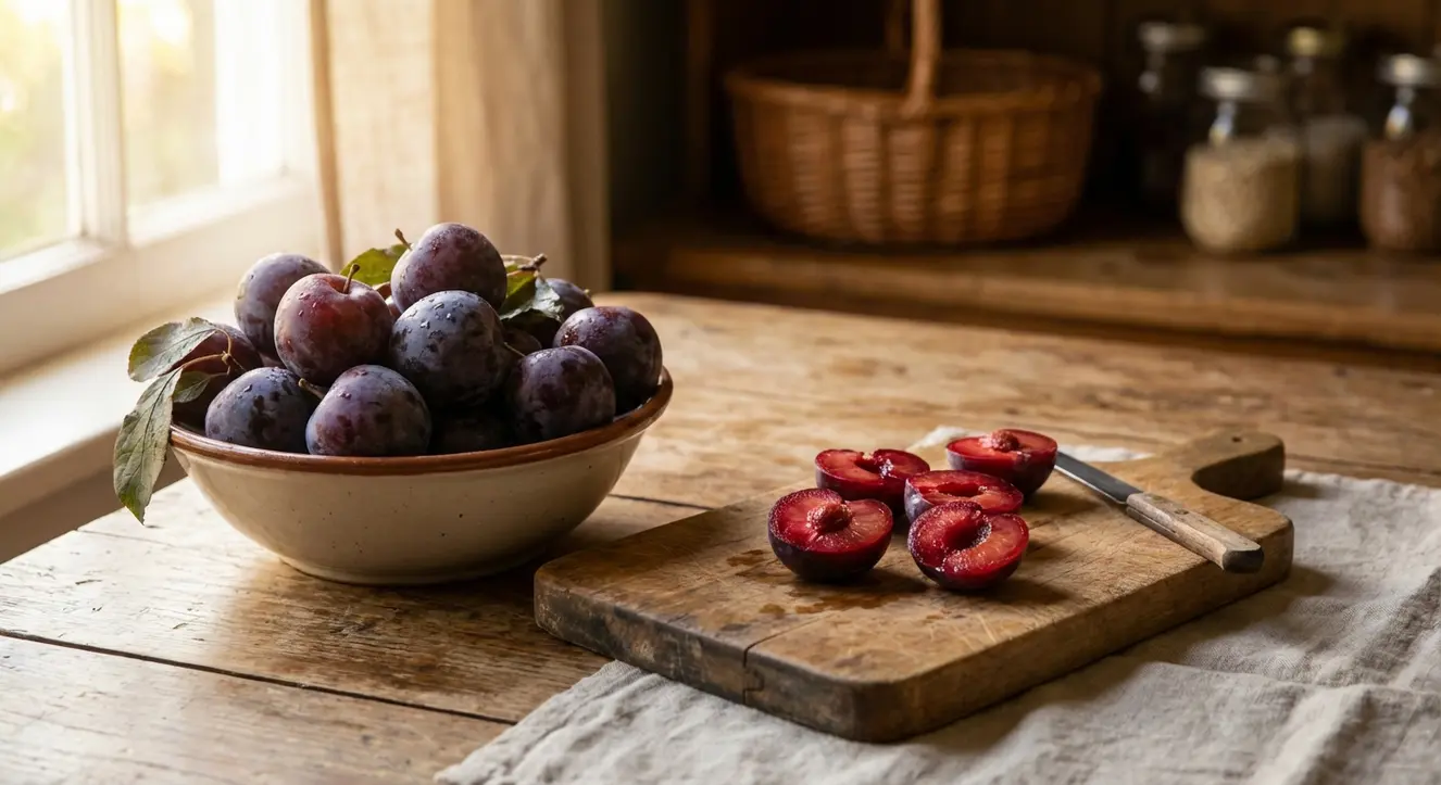 Blutpflaume essbar? Alles zu Geschmack, Ernte & Verwendung - Illustration Nahaufnahme einer Schale mit frisch geernteten Blutpflaumen, neben einem Holzbrett mit entkernten Fruchthälften, warmes natürliches Licht