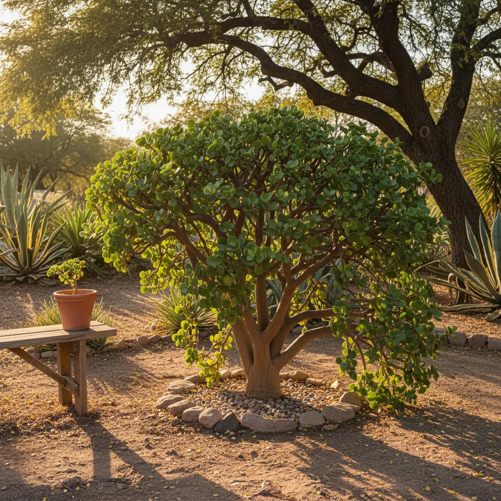 Sonnenbeschienener Garten mit einem Elefantenbaum, dessen Blätter im leichten Wind leicht zittern