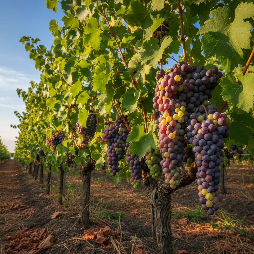 Sonnendurchflutete Weinreben mit reifen Trauben und grünem Laubkulisse