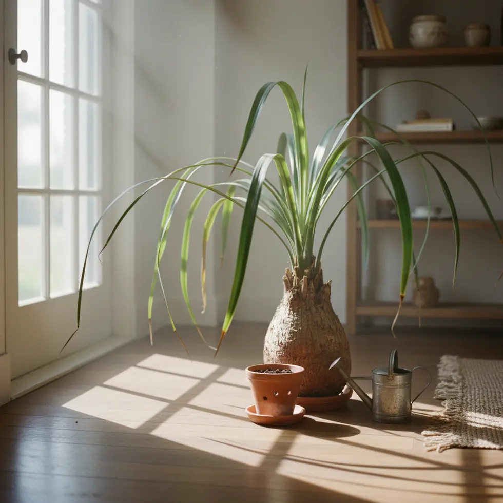 Sanfte Lichtstrahlen fallen durch ein Fenster auf einen Elefantenfuß, dessen Blätter Schatten auf den Boden werfen
