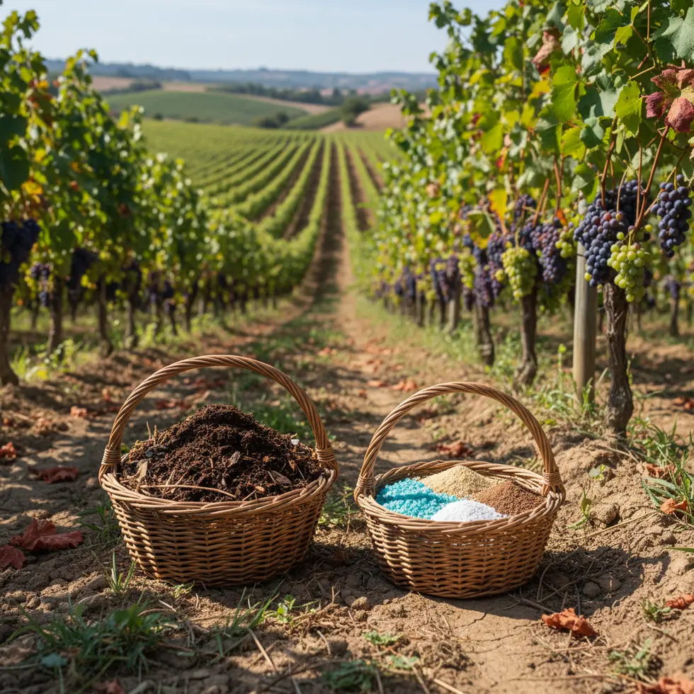 Körbe mit Kompost und mineralischen Düngemitteln nebeneinander vor einem Weinberg