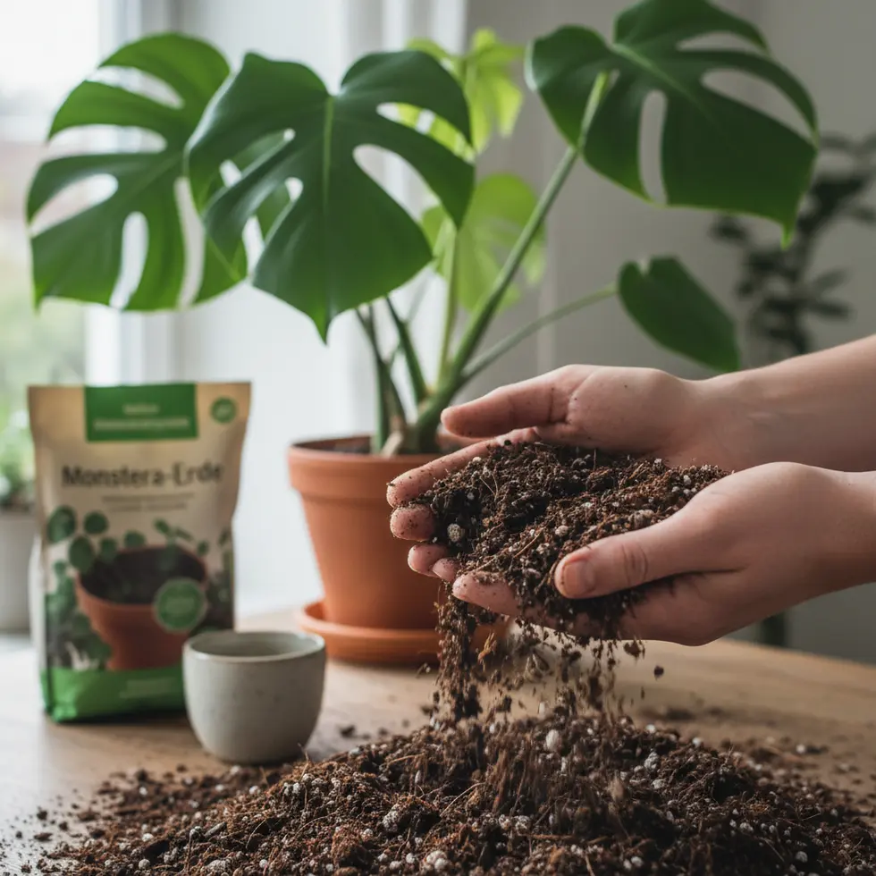 Hände, die eine lockere, dunkle Erde zwischen den Fingern zerreiben