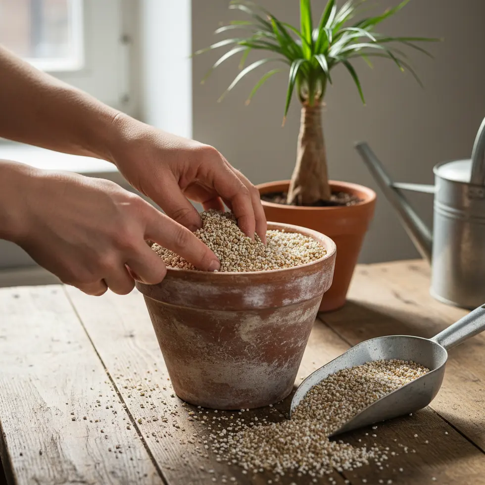 Hände, die mineralisches Substrat mit Perlite vermischen