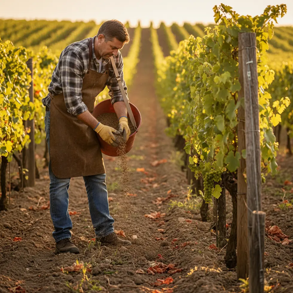Winzer mit Handschuhen beim Ausbringen von Dünger, warme Nachmittagssonne