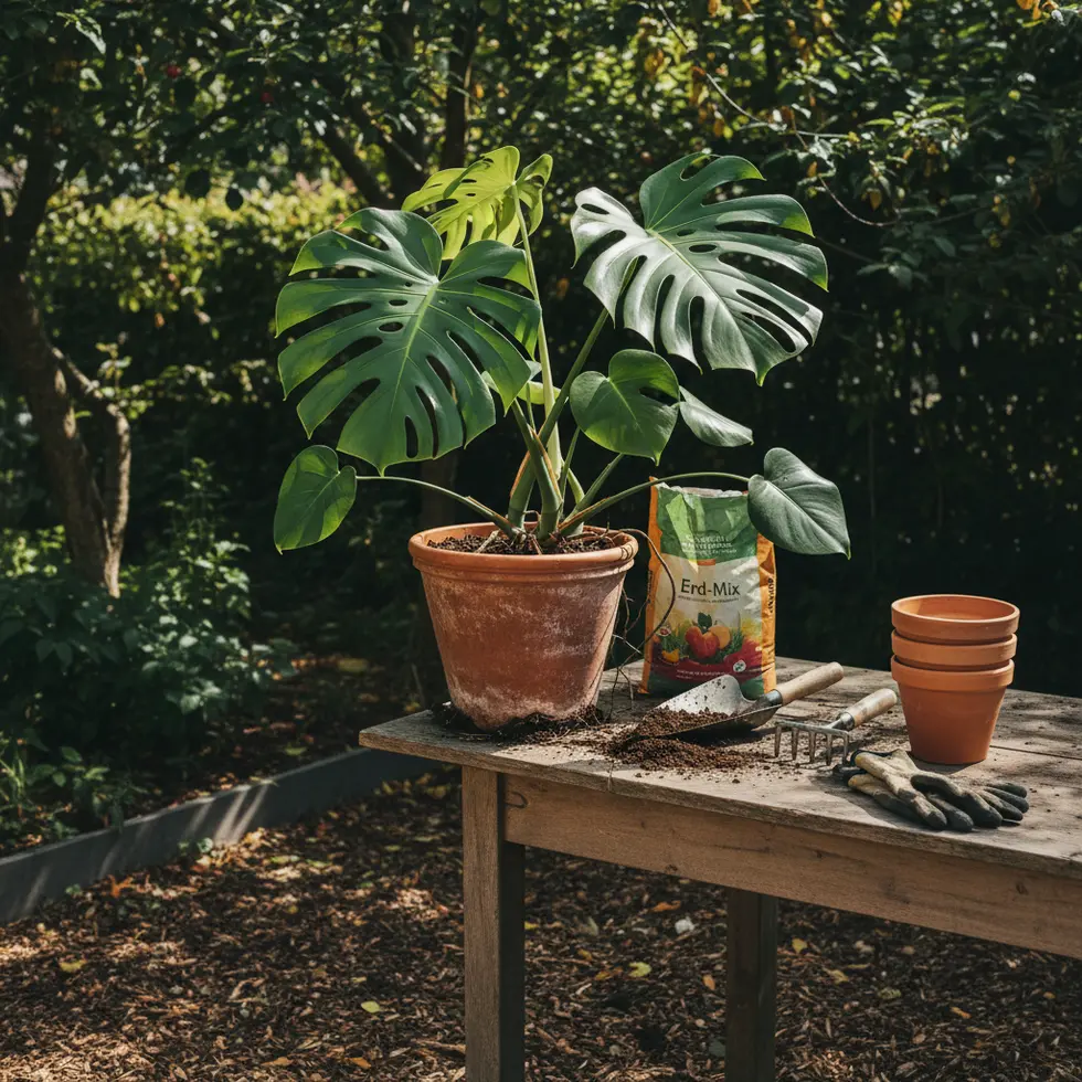 Halbschattiger Platz im Garten mit einer Monstera in einem Tontopf auf Holztisch