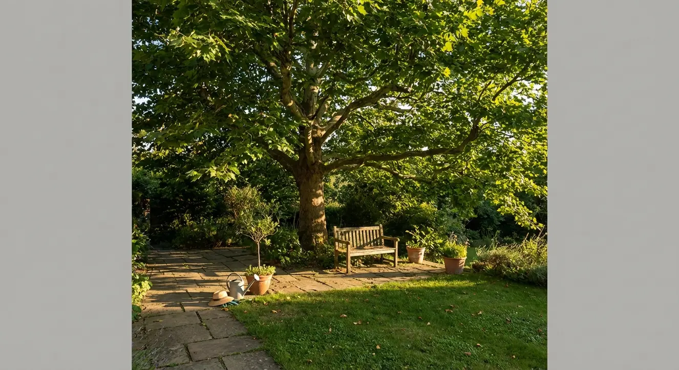 Dachplatane kaufen: Der natürliche Sonnenschirm für Ihren Garten - Illustration Ein ruhiger Garten am Nachmittag, der Schatten einer majestätischen Platane fällt sanft auf die Erde, warme Sonnenstrahlen filtern durch das grüne Blätterdach