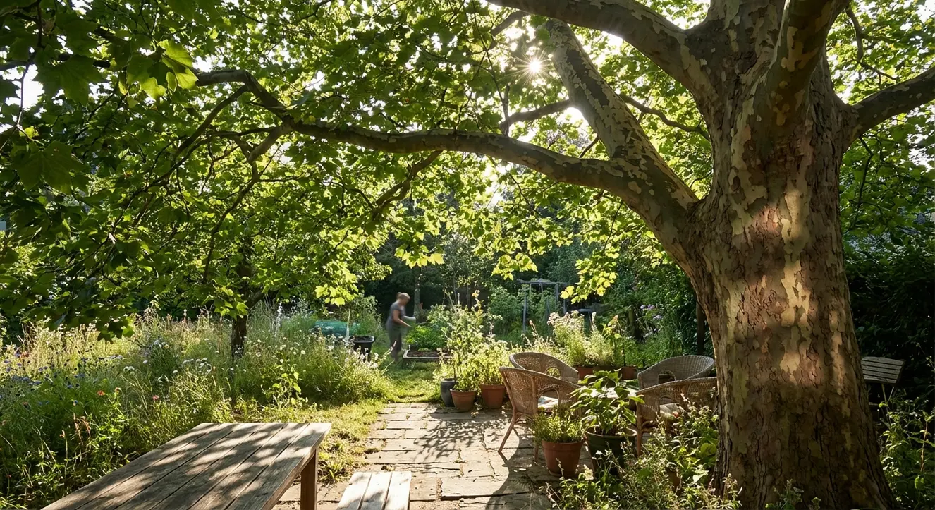 Dachplatane kaufen: Der natürliche Sonnenschirm für Ihren Garten - Illustration Sonnenstrahlen brechen durch ein dichtes Blätterdach einer großen Platane, die sich harmonisch in einen naturnahen Garten einfügt, lebendige Texturen von Blättern und Rinde sichtbar