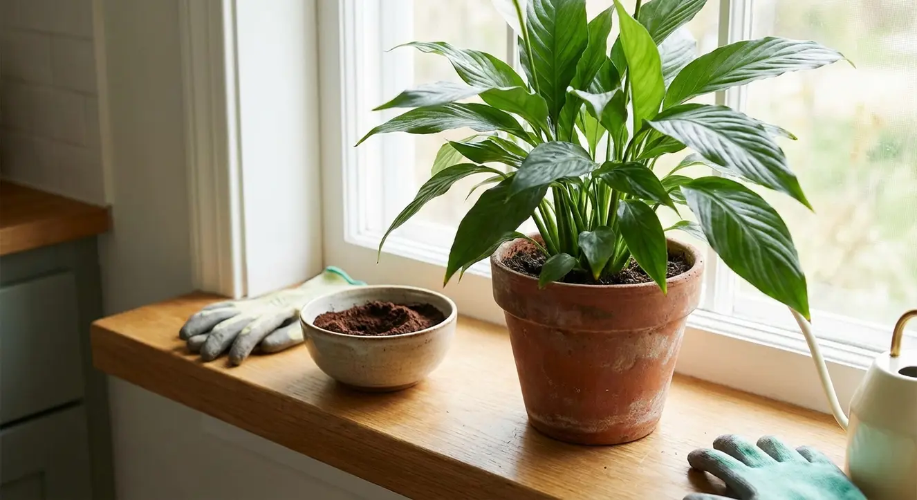Einblatt mit Kaffeesatz düngen: Anleitung & wichtige Tipps - Illustration Ein Einblatt in einem Terrakottatopf auf einer Küchenfensterbank mit Kaffeesatz-Schale