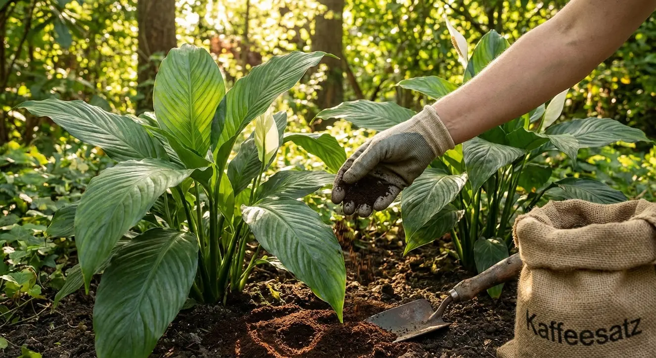Einblatt mit Kaffeesatz düngen: Anleitung & wichtige Tipps - Illustration Ein schattiger Garten mit Einblatt-Blättern, die im warmen Tageslicht glänzen