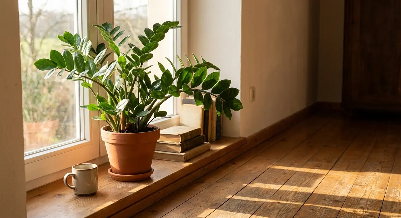 Glücksfeder Blüte: Seltenheit, Pflege & Bedeutung erklärt - Illustration Ein helles Zimmer mit einer Glücksfeder auf der Fensterbank, sanftes Morgenlicht umspielt die Blätter, die fein strukturiert und glänzend wirken