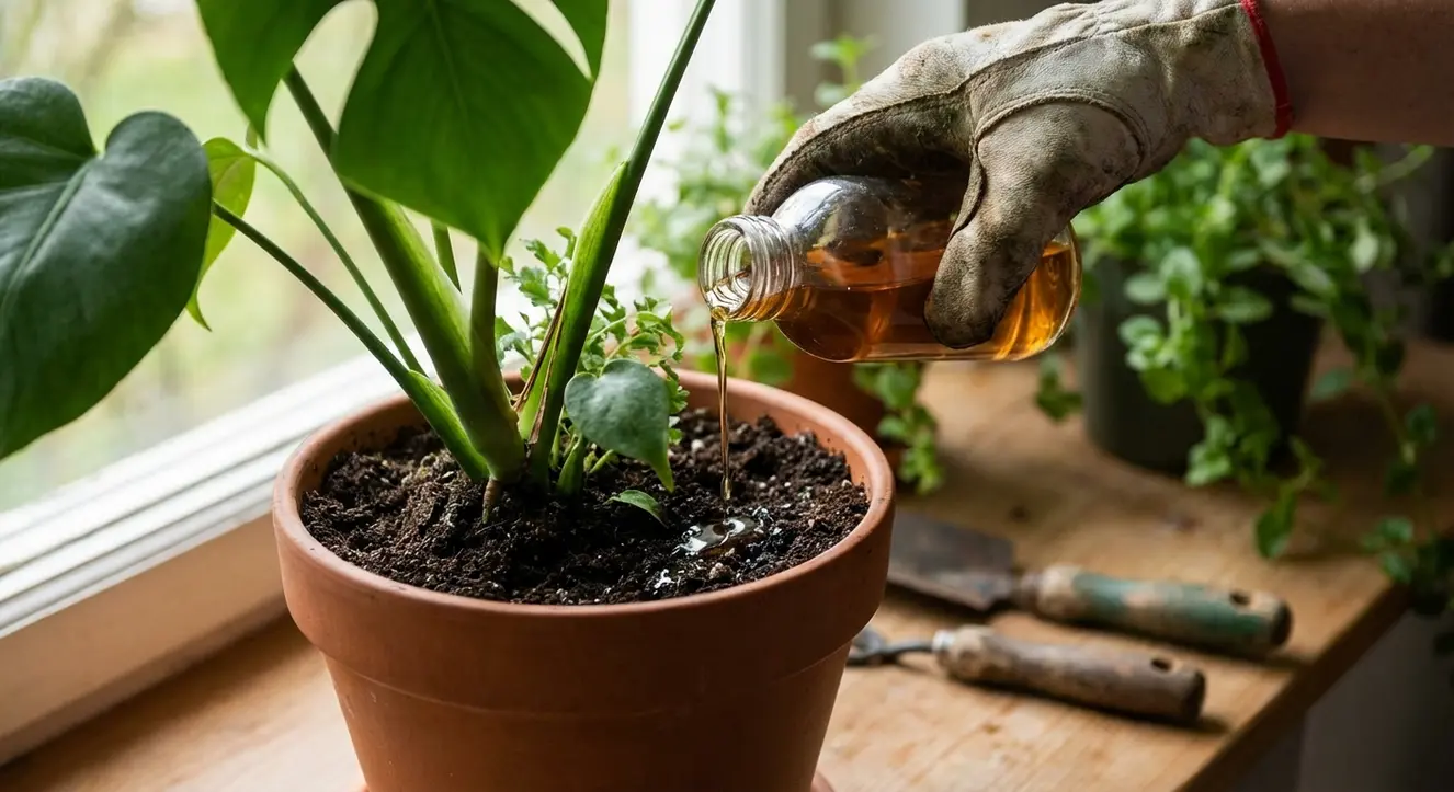 Grünpflanzendünger: Wann und wie oft düngen? (Der NPK-Guide) - Illustration Nahaufnahme einer Hand, die vorsichtig Flüssigdünger auf die Erde einer Topfpflanze gießt, sanftes Licht, lebendige Grüntöne