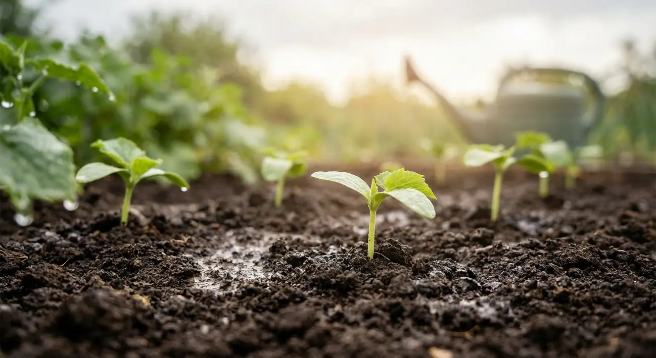 Gurken richtig düngen: Wann, wie oft & welcher Dünger? (Guide) - Illustration Nahaufnahme eines feuchten, dunklen Gartenbodens mit zarten Gurkenpflanzen, im Hintergrund verschwommene Tropfen von Regen und sanftes Morgenlicht