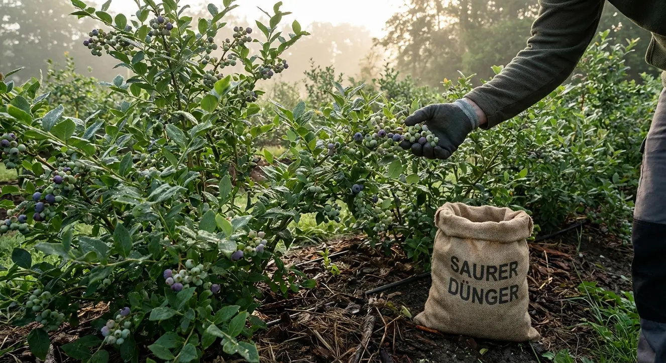 Heidelbeeren düngen: Der "Sauer-Muss-Sein" Plan für maximale Ernte - Illustration Morgendämmerung im Garten mit dicht belaubten Heidelbeersträuchern, feuchter Boden und unscheinbare kleine Beeren