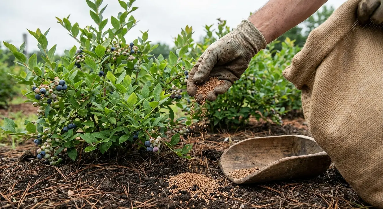 Heidelbeeren düngen: Der "Sauer-Muss-Sein" Plan für maximale Ernte - Illustration Hand, die speziellem Beerendünger zwischen die Heidelbeersträucher streut