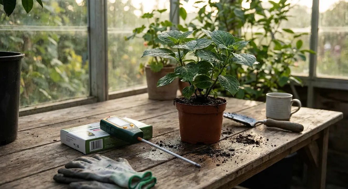 Hortensien düngen: Der ultimative Guide für prächtige Blüten - Illustration Sanft beleuchteter Gartentisch mit Messgeräten für Boden-pH-Test, daneben eine kleine Hortensienpflanze in einem Topf mit feuchtem Substrat, Pflanzenblätter glänzen frisch
