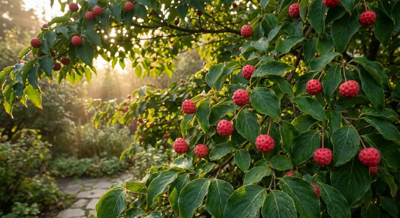 Japanischer Hartriegel Frucht: Essbar, Geschmack & Rezepte - Illustration Sanftes Morgenlicht, das auf einen japanischen Hartriegelbaum fällt, die roten Früchte leuchten hell zwischen den grünen Blättern