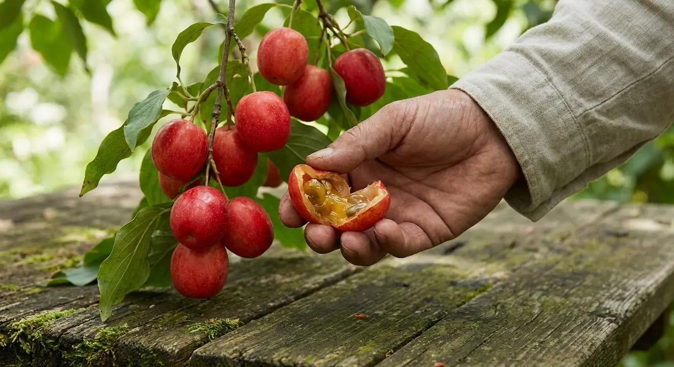 Japanischer Hartriegel Frucht: Essbar, Geschmack & Rezepte - Illustration Nahaufnahme von rot-leuchtenden Hartriegelfrüchten, eine Hand hält behutsam eine aufgeschnittene Frucht, das saftige Fruchtfleisch kommt zum Vorschein