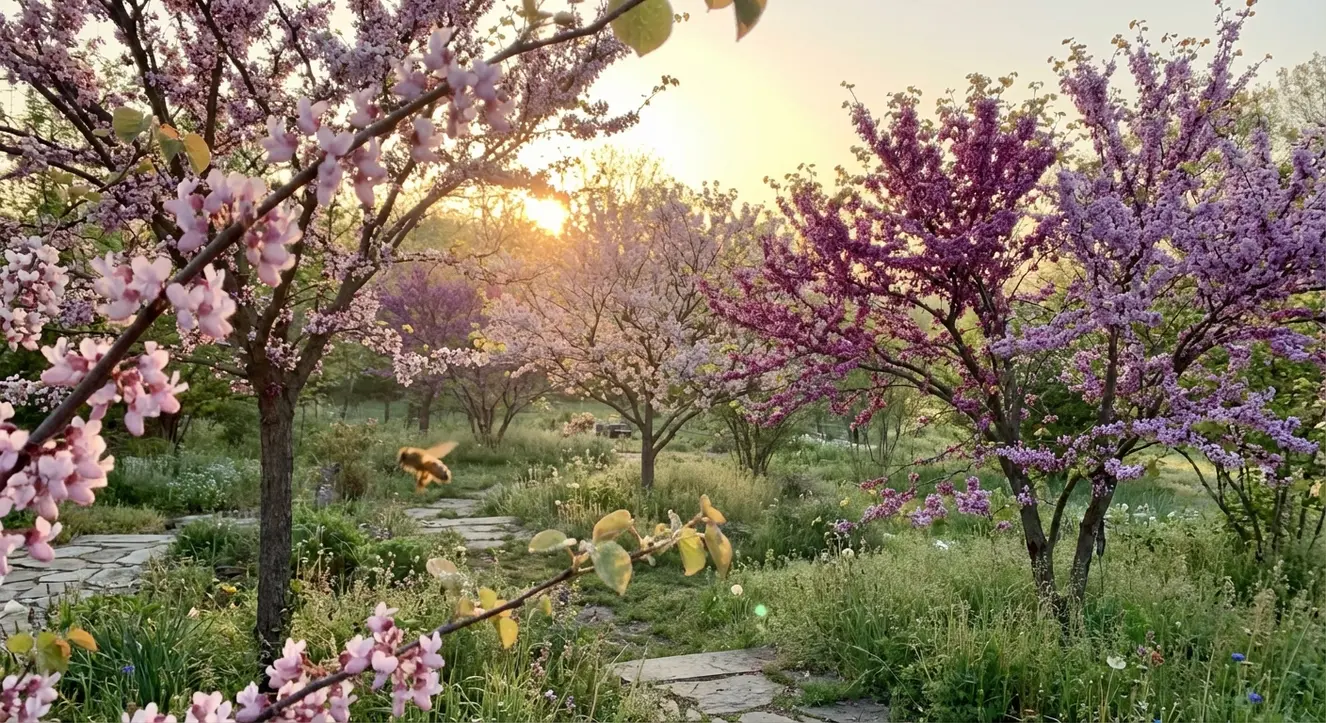 Judasbaum Sorten: Die 20 schönsten Arten im Vergleich - Illustration Sanftes Morgenlicht auf einem Garten mit verschiedenen Judasbäumen, Blüten in zarten Rosa- und Violetttönen, Bienen summen im Hintergrund, natürliche Gartenszene