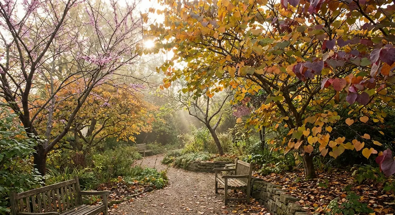 Judasbaum Sorten: Die 20 schönsten Arten im Vergleich - Illustration Ruhige Gartenansicht mit verschiedenen Judasbäumen in Blüte und bunt gefärbtem Herbstlaub, Sonnenstrahlen durchstreifen das Laub, natürliche Atmosphäre