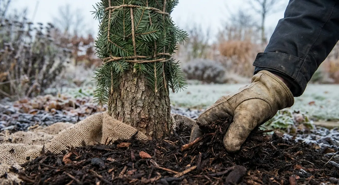 Kugelsumpfeiche kaufen: Quercus palustris 'Green Dwarf' (Top-Qualität) - Illustration Nahaufnahme eines sanft mit Reisig geschützten Baumstamms im Winterlicht, mit einer Hand, die vorsichtig Mulch ausbreitet, unterlegt von winterlichen Gartenlandschaftsfarben