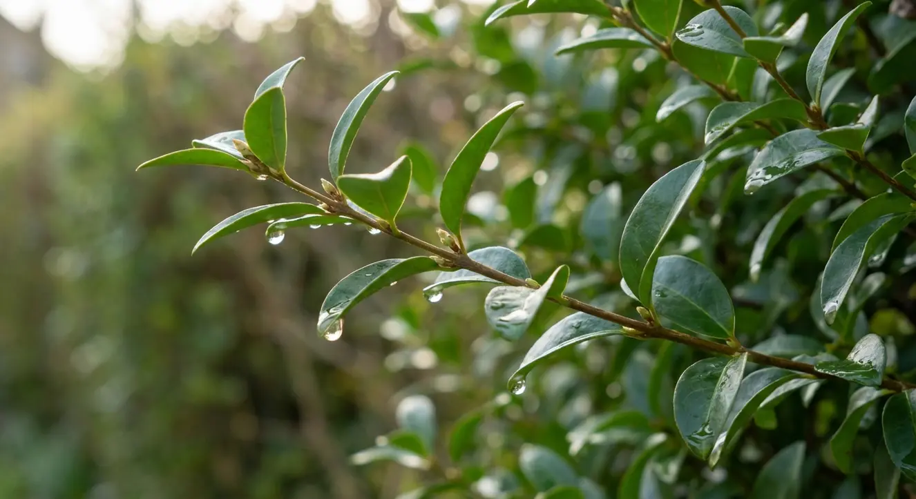 Liguster düngen: Wann & womit für eine dichte Hecke? - Illustration Sanft regennasser Ligusterzweig mit frischen Blättern, die Tropfen still auf ihren glatten Flächen halten, umgeben von leuchtendem Frühlingslicht
