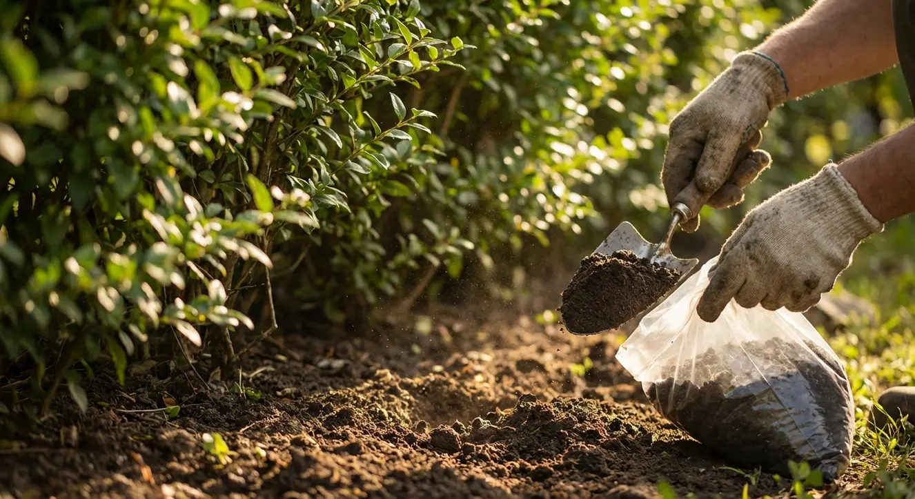 Liguster düngen: Wann & womit für eine dichte Hecke? - Illustration Hände, die eine Bodenprobe aufnehmen, im Hintergrund verschwommen die grüne Ligusterhecke, warmes Sonnenlicht fällt auf Erde und Pflanzen