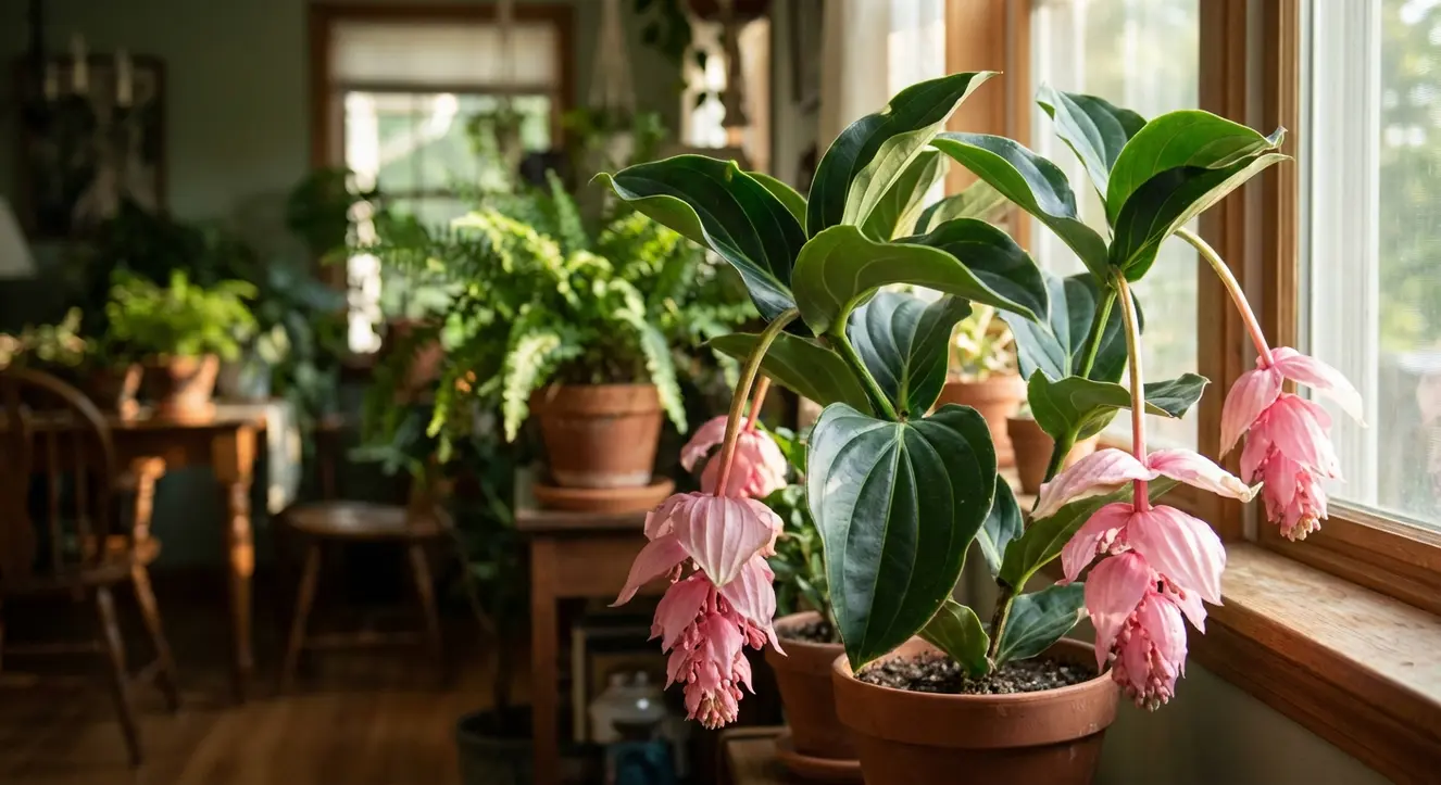 Medinilla magnifica Pflege: So blüht die anspruchsvolle Diva - Illustration Sanftes Morgenlicht streift zarte, glänzende Blätter einer Medinilla magnifica, im Hintergrund verschwimmt ein schattiger, grüner Raum mit natürlicher Atmosphäre