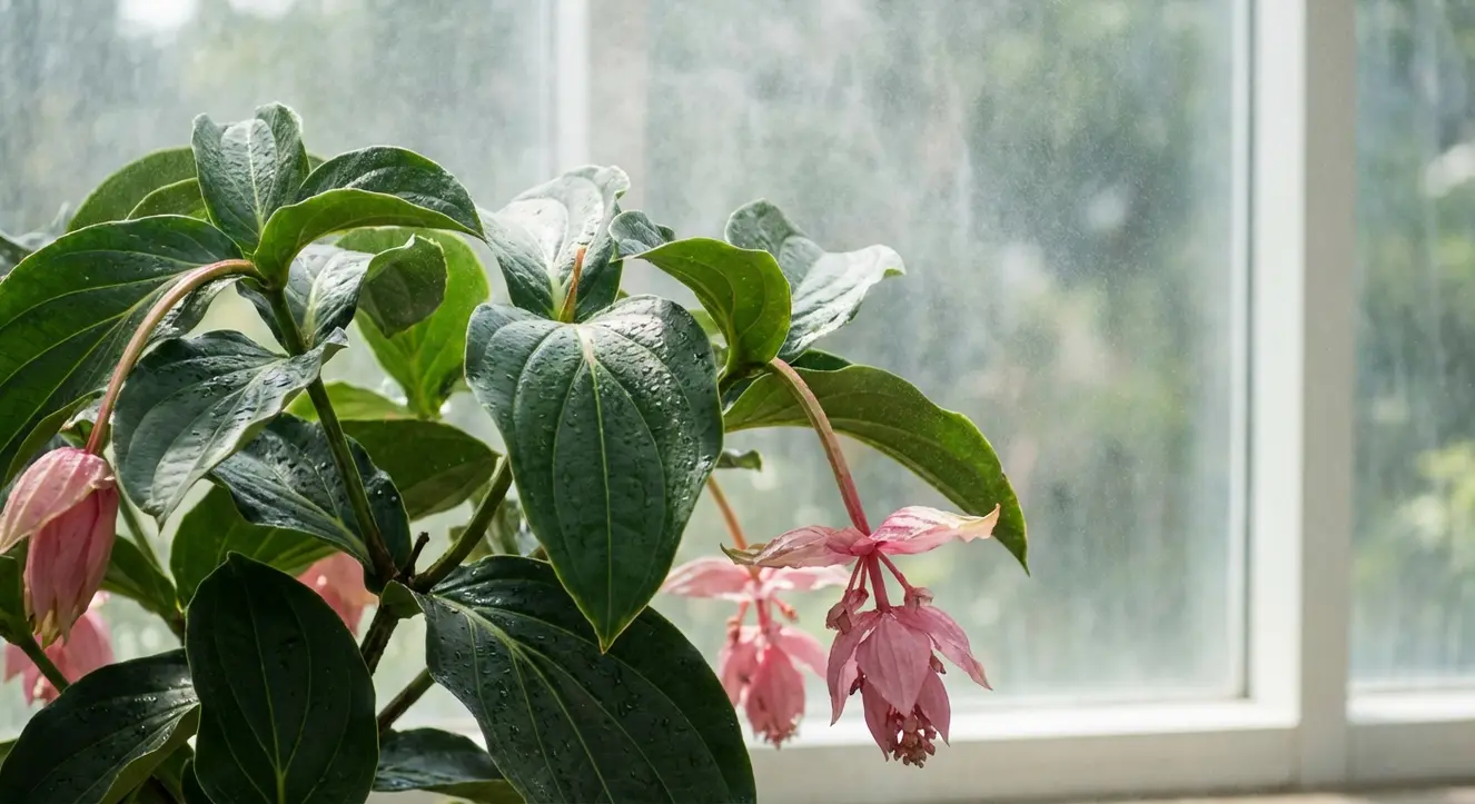 Medinilla magnifica Pflege: So blüht die anspruchsvolle Diva - Illustration Nahaufnahme einer Medinilla magnifica mit klar erkennbaren glänzenden Blättern, im Hintergrund unscharfe Wassernebelpartikel, die für Feuchtigkeit sorgen