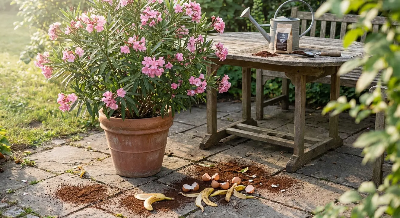 Oleander düngen: 3 Hausmittel für üppige Blüten (Kaffeesatz & Co) - Illustration Sanftes Morgenlicht fällt auf einen Oleander in einem mit Erde gefüllten Terrakottatopf, neben dem Gartentisch liegen verstreut Kaffeepulver, Bananenschalen und zerbrochene Eierschalen