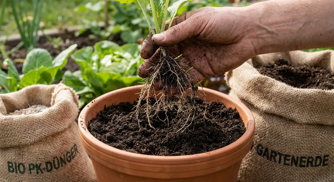 PK-Dünger kaufen: Beste Produkte für Wurzeln & Blüte im Vergleich - Illustration Nahaufnahme einer Hand, die vorsichtig Pflanzenwurzeln in frische Erde setzt, mit morgendlichem Tageslicht, sanfte Naturtöne und lebendige Texturen von Erde und Grün