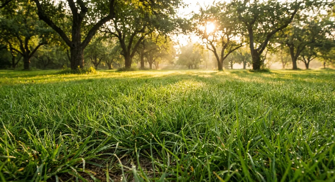 Stickstoffbedarf Rasen: Tabelle (g/m²) & Berechnung für sattes Grün - Illustration Morgentau auf einem gepflegten Rasen, Sonnenlicht fällt weich durch Bäume, feuchte Grashalme mit zarten Wassertropfen