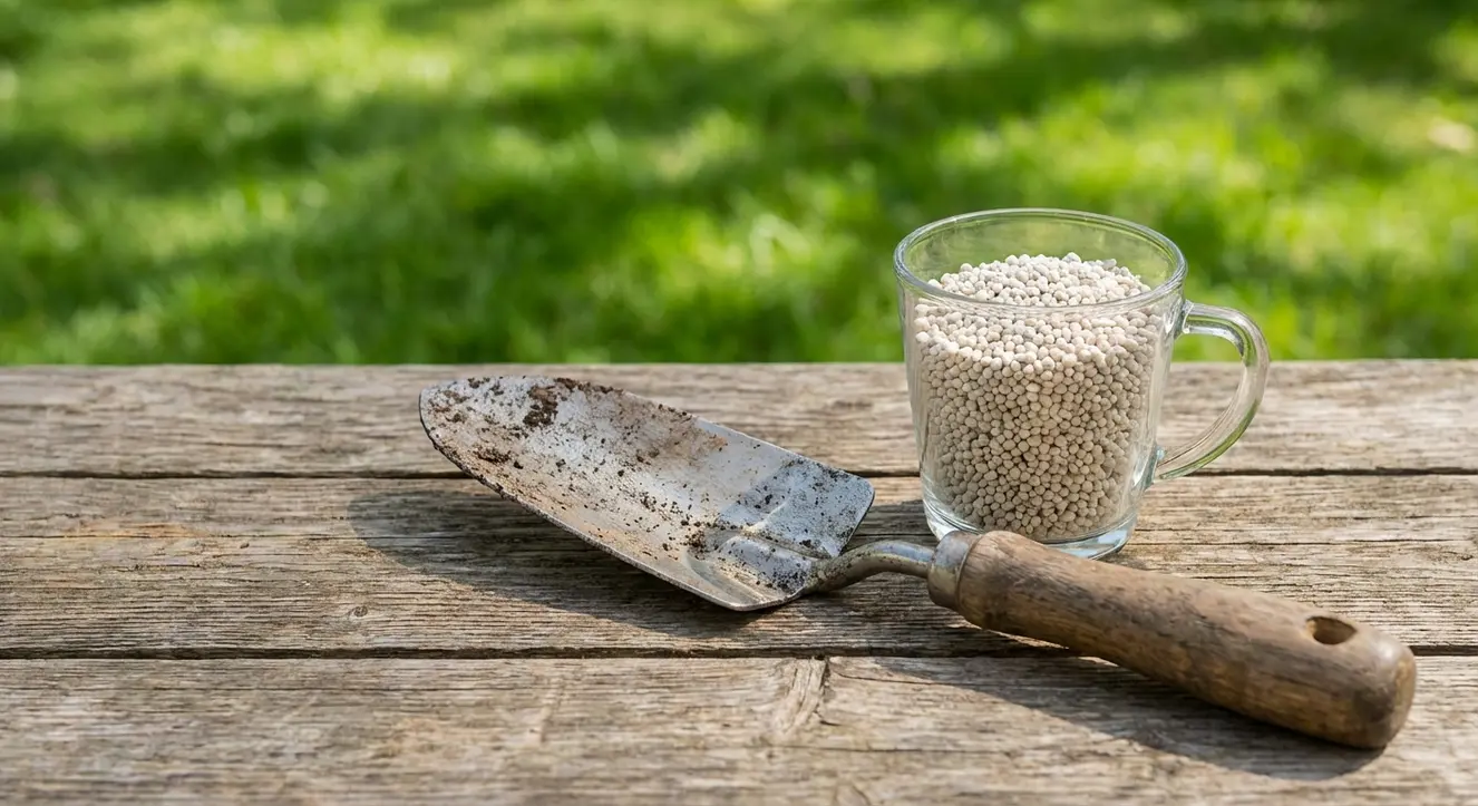 Stickstoffbedarf Rasen: Tabelle (g/m²) & Berechnung für sattes Grün - Illustration Ein Gartenwerkzeug liegt neben einem Messbecher mit Düngerkörnern auf einem naturbelassenen Holztisch, im Hintergrund unscharf ein grüner Rasen
