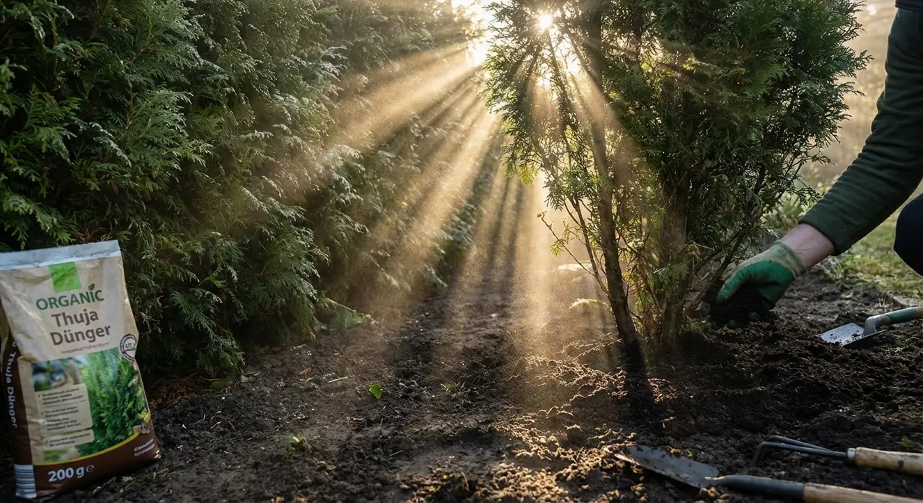 Thuja düngen: Wann & womit? Der Guide für grüne Hecken - Illustration Morgendämmerung im Garten, die Sonne wirft sanfte Lichtstreifen auf eine Thujahecke, umgeben von feuchtem Boden und fallenden Staubpartikeln im Lichtstrahl