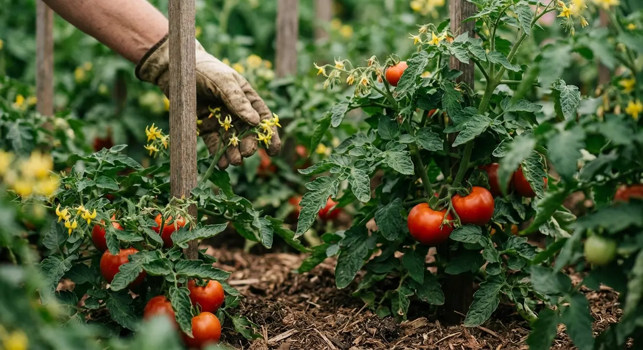 Tomaten düngen: Hausmittel & Tipps für eine reiche Ernte - Illustration Nahaufnahme von sattem, grünem Tomatenbeet mit Blättern und reifen Früchten, im Hintergrund eine Hand, die vorsichtig einen Blütenstand berührt