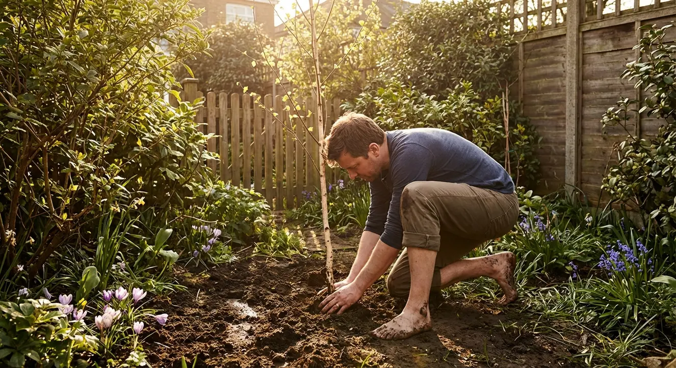 Morgensonne taucht einen kleinen Garten in warmes Licht, ein Mann steht barfuß im Lehmboden, sorgfältig pflanzt er einen jungen Baum, umgeben von üppigem Grün und ersten Frühlingsblumen